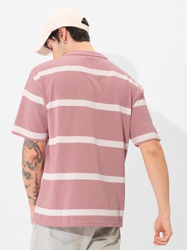 Image of The Souled Store Quartz Men and Boys Short Sleeves Collared Neck Pink and White Striped Oversized Textured Polos