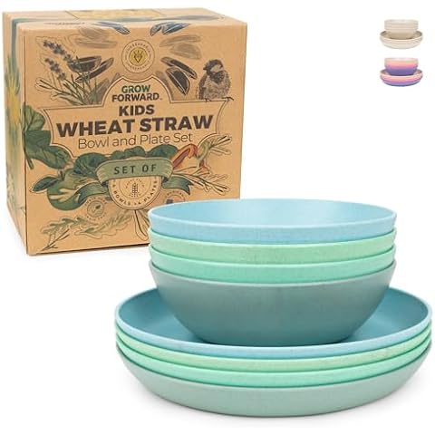 Grow Forward Wheat Straw Kids Plates and Bowls Sets - 8-Piece Unbreakable Dishwasher & Microwave Safe Plastic Plates for Kids - Reusable Non Toxic BPA-Free Dinnerware for Children - Rainforest Cover