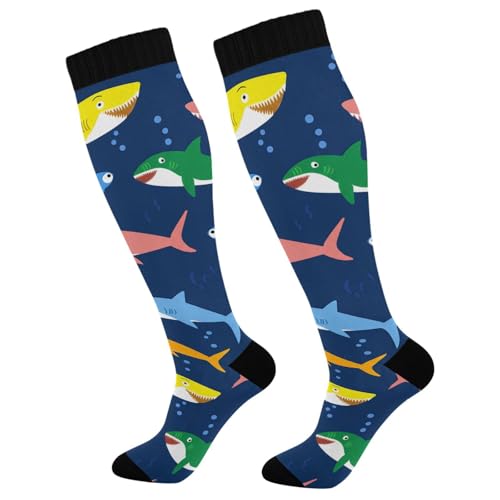BOESI Graffiti Color Shark Compression Socks, Women's and Men's Knee High Running Socks for Sports