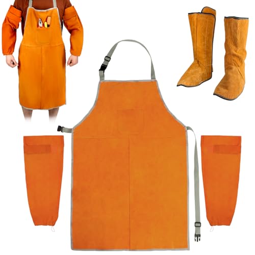 Image of QWORK Leather Welding Apron & Sleeves & Fireproof Shoe Leg Cover, Heat Flame Resistant, Work Apron with Tool Pockets, Welding Safety Boot Covers