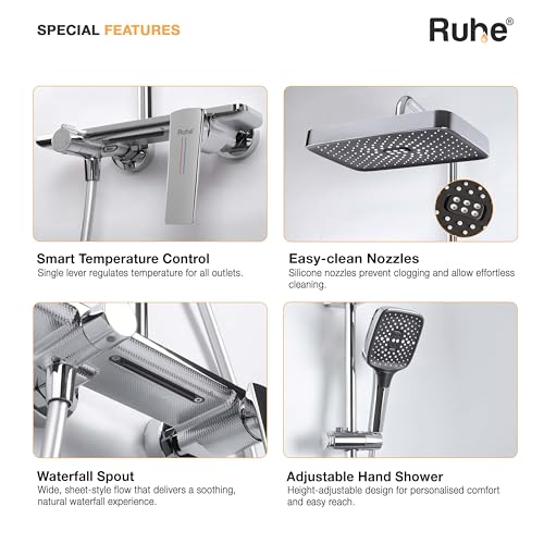 Image of Ruhe Rain Smart Shower Panel Set, Triple Flow Functions, Wall-Mount Chrome Finish | Adjustable Height Shower Panel | Includes Overhead Shower, Triple Flow Hand Shower with Installation Accessories