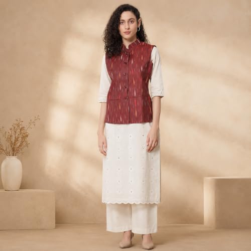 Image of Vastraa Fusion Women's Ikat Cotton Nehru Jacket Printed Waistcoat Sleeveless Mandarin Collar Button Front Ethnic Casual Wear