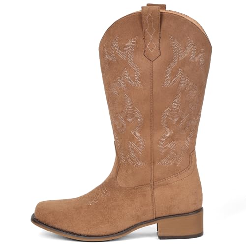 Image of IUV Cowboy Boots For Women Square Toe Wide Mid Calf Western Pull On Suede Fashion Black Brown Cowgirl Boots