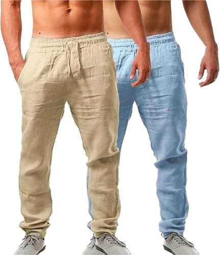 Pantalon en lin homme de qualité supérieure coupe droite et finitions soignées en lot de 2
