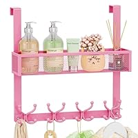 SWTYMIKI Over The Door Hook with 16 Hooks & Mesh Baskets - Heavy Duty Over The Door Organizer Hanger for Towels, Coats, Clothes - Space Saving Hanging Rack for Bathroom, Living Room, Pink