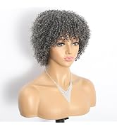 SQPLXK Grey Curly Human Hair Wig for Black Women Jerry Curly Gray Bob Wig with Bangs 180 Density ...