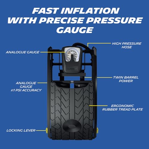 MICHELIN Analogue Double Barrel Foot Pump | High-Efficiency 100 PSI Tyre Inflator with Accurate PSI/BAR Gauge, Locking Ergonomic Tread Plate & Anti-Slip Rubber Feet | Inflator For Cars, Bikes & Cycles