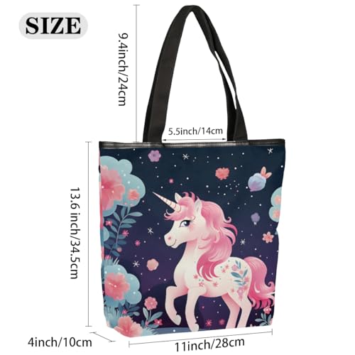 Cute Unicorn Canvas Tote Bag for Women Large Tote Bag with Zipper & Pockets Canvas Beach Bag Shoulder Bag Reusable Shopping Bags Cute Tote Bags for Work Travel2