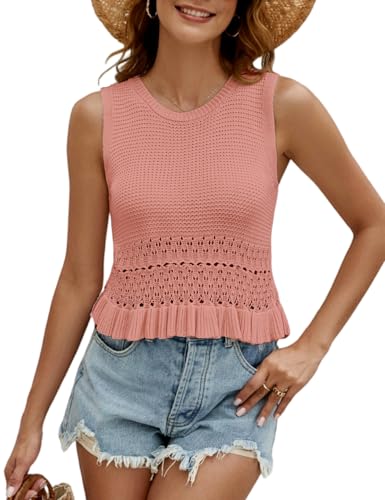 Image of CiCiBird Women Cute Crop Sweaters Vest Knit Sleeveless Pullover Tops Crochet Ruffle Hem Tank