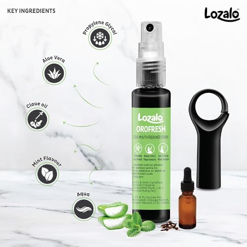 Image of Lozalo Orofresh Mouth Freshner Spray for Dogs- 66ml, Combo Pack of 3x22ml, Eliminates Foul Breath Reduces Tartar & Plaque in Dogs & Puppies of All Breeds, with Clove Oil & Cooling Freshness of Mint