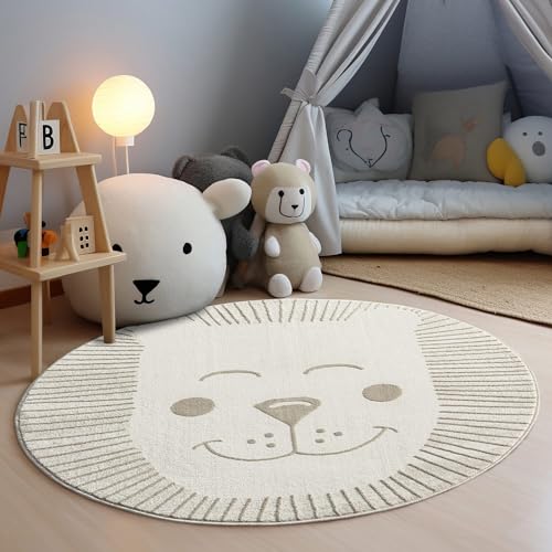 carpet city Kinderteppich Creme, Beige - 120x120 cm Rund - Tier-Motiv Löwe - Kurzflor Teppiche...