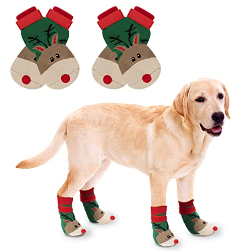 RANYPET Weihnachtssocken für Hunde 2 Paar - Indoor Anti-Rutsch Socken Weicher Verstellbarer Pfotenschutz für Alter Hund mit Riemen Traktionskontrolle für den Innenbereich auf Hartholzböden L Cover
