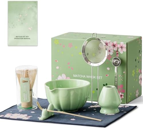 8 Pcs Matcha Whisk Set, HTRCXB Matcha Set with Ceramic Bowl, Bamboo Whisk & Holder, Scoop, Sifter, Measuring Spoon, Scoop Rest & Tea Towel, Complete Set for Beginners & Tea Lovers