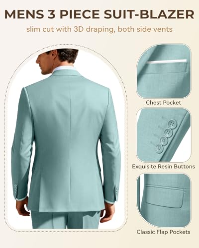 Image of Men's 3 Piece Slim Fit Suit Set, Two Button Blazer Solid Jacket Vest Pants Wedding Business Suit