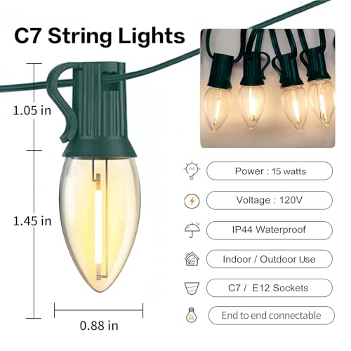 Image of 25FT C7 Christmas Lights Outdoor, Warm White LED String Lights with 25 Clear Bulbs for Roof Line, Fence, Xmas Trees Decor, Green Wire