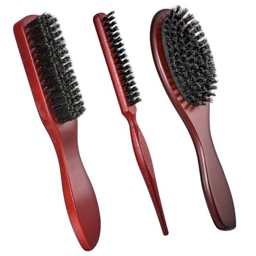3 Pack Boar Bristle Brush for Slicking Back Slick Back Hair Brush Wood Handle Edge Teasing Brushes Rat Tail Comb for Women Thin Fine Hair Smoothing, Sectioning, Beard Brushes for Men