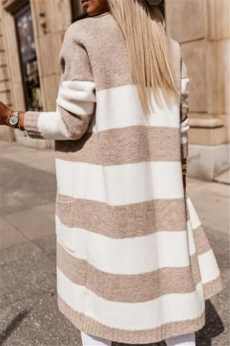 chouyatou Women's Trendy Striped Knit Cardigan Color Block Open Front Mid Long Sweater Jacket Coat4