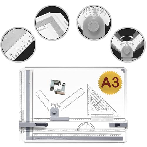A3 Zeichenbrett, Geo-Board gz Platte, Multifunktionaler Zeichenplatte Din A3 Zeichenschiene mit Winkelmesser Papiersuchgerät Lineal Stützfuß für das Professionell Office Arbeiten Studenten (A3)