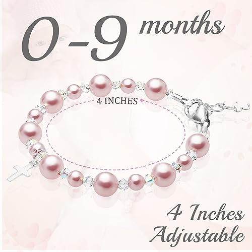 Image of Baby Crystals Pink Pearl Personalized Charm Bracelet for Girls, Sterling Silver Initial Charm Cross Charm Bracelet, Baptism Gifts for Girl, First Communion Christening, Keepsake Girls Jewelry