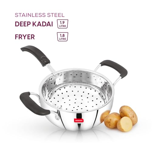 Image of Premium Stainless Steel Deep Kadai 1.9 Litre with Mesh Frying Basket 1.8 Litre with Comfort Handles | Perfect for Deep Frying, and Stir-Frying | Durable and all Cooktop Compatible