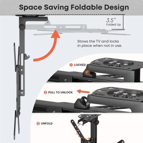 PUTORSEN Flip Down TV Mount, Manual Folding Ceiling TV Mount for Most 23\'\' to 55\'\' TVs, Height Adjustable Drop Down TV Mount for Flat & Pitched Roof, Swivel, Max Load 44lbs, Max VESA 400x400, Black - Thumbnail 4
