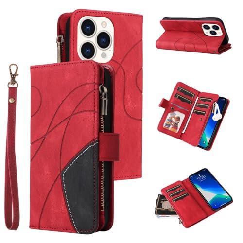 Étui portefeuille iPhone 13 Pro rouge en cuir de qualité supérieure zippé