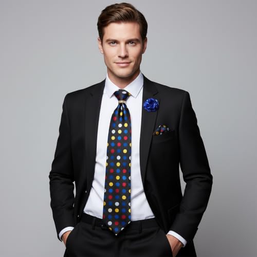 Image of 5PCS Mens Premium Silk Tie, Pocket Square, Cufflinks, Drilled Tie Ring and Lapel Pin Set for Wedding Groom Party