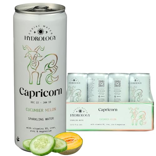 Hydrology Zodiac Water - Capricorn Cucumber Melon - Organically Flavored Social Sparkling Water with unique Vitamins and Minerals tailored to the Capricorn Zodiac Sign, Astrology Drink for Birthday Gift (12-Pack, Capricorn - Cucumber Melon)