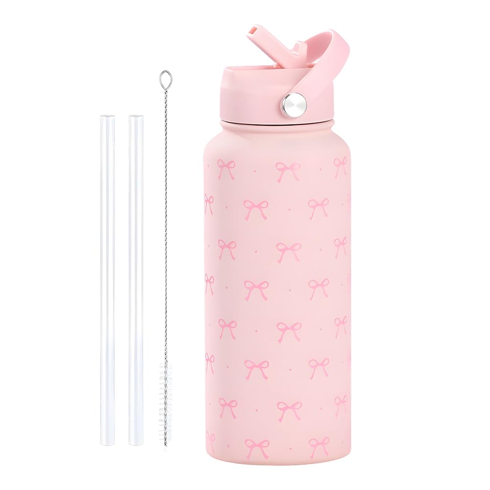 Hojalis Pink Bow Water Bottle, Insulated Water Bottle 800ml, Stainless Steel Leak-Proof Flask with 2 Straws & Cleaning Brush, Gift for Women Girls for School Gym Travel