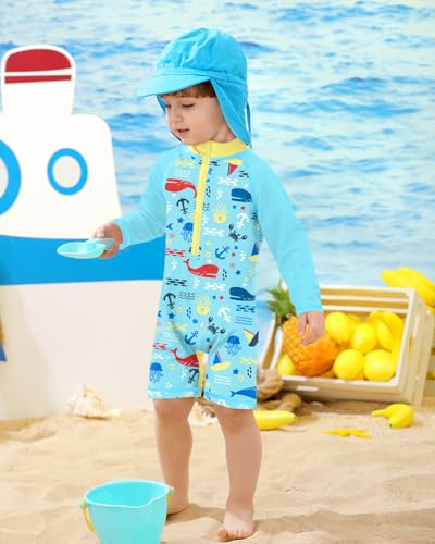 Image of BesserBay Baby Boy Swimsuit UPF 50+ Zip Front Long Sleeve Snaps Bottom One Piece Rash Guard 0-36 Months