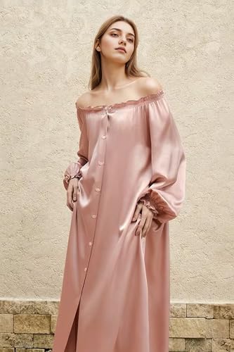 Image of PRODESIGN Long Nightgowns for Women - Long Sleeve Vintage Off the Shoulder Sleepwear Victorian Nightdress Button Up Nightgown