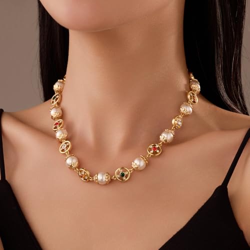 Gold-tone Plated Pearl Necklaces for Women Dainty Choker Crystal-Encrusted Palace Style Statement Bride Wedding Jewelry Gifts for Women Men2