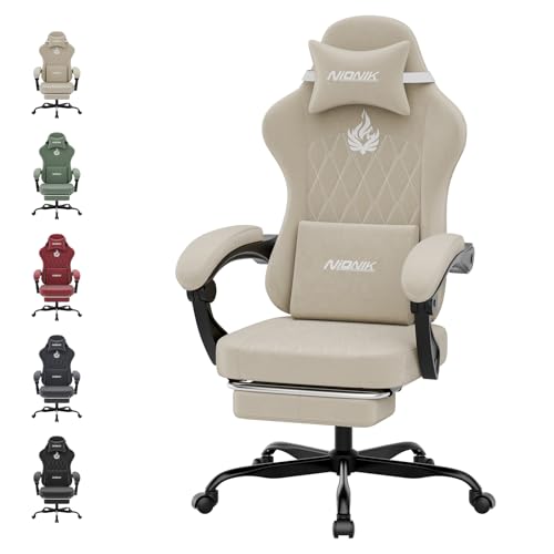 NIONIK Gaming Stuhl Einsteigermodell, Ergonomischer Computerstuhl mit Verstellbarer Höhe und Rückenlehne, Einfacher Gaming Stuhl für Kinder, Teenager, Erwachsene für Zimmer, Büro,Beige