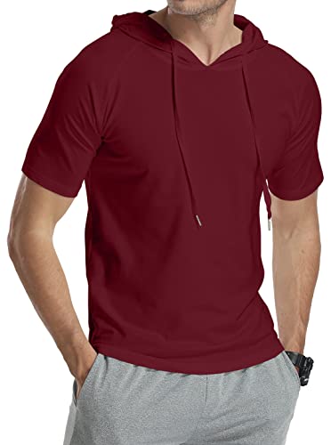 Kuyigo Men's Casual Hooded T-Shirts Fashion Short Sleeve Solid Color Pullover Top Medium Wine Red #TOP2