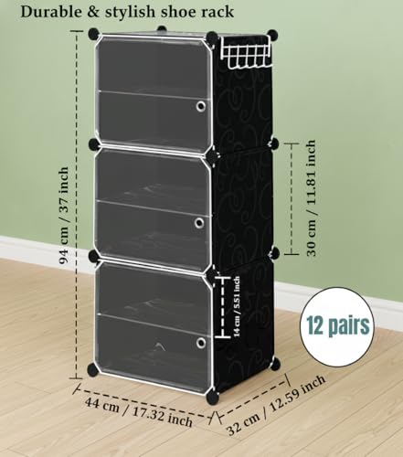 Image of KRISHYAM 6 Tier Shoe Rack with Doors, Foldable Dustproof Shoe Organizer Cabinet, Space Saving Waterproof Shoe Stand for Home, Entryway, Bedroom & Balcony, Black