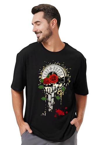 Image of Rock Band Graphic T-Shirt, Black, Oversize Fit, Red Rose and Gun Design