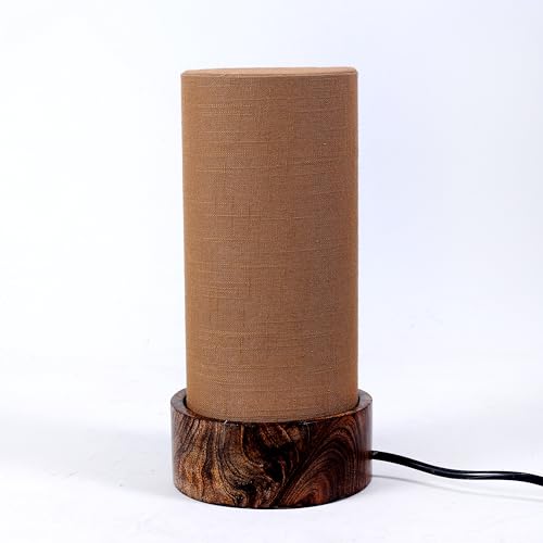 Craftter Bedside Brown Small Lamp Wood Base Round Fabric Shade Ta...