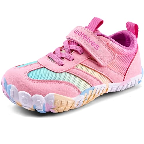 WateLves Kinder Barfußschuhe Mädchen Barfussschuhe Sneaker mit Klettverschluss Weich Atmungsaktiv(Rosa30EU)