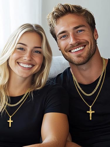 FaithHeart Cross Necklace for Men, Silver/Black/Gold Crucifix Necklace Stainless Steel Pendant with Cuban Chain Jesus Cross Necklaces Religious Gifts for Men3