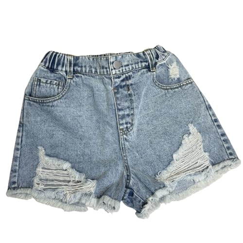 Pantalones cortos de mezclilla rasgados para niñas, con borlas, cintura alta, pierna recta, pantalones cortos de mezclilla de 5 a 14 años, azul, 9-10 años