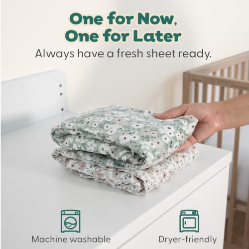Organic Cotton Baby Crib Sheets Girl - 2pk Toddler Bed Sheets, Sage Floral by The Peanutshell - Used condition - Image 6