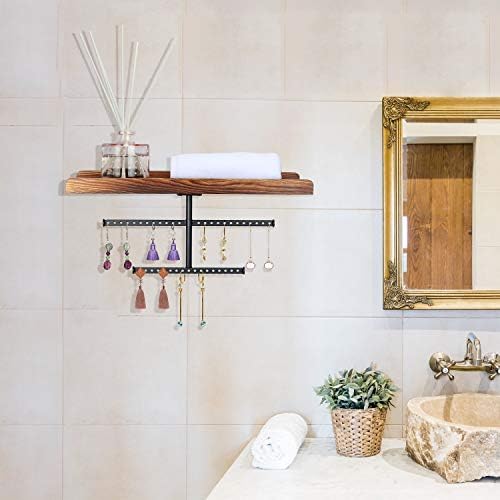 TJ.MOREE Set of 2 Hanging Jewelry Organizer Wall Mounted(40 Hooks), Rustic Jewelry Storage with Wood Shelf Ledge, Metal Trinket Holder Display for Necklaces Earrings Bracelet Ring - Brown