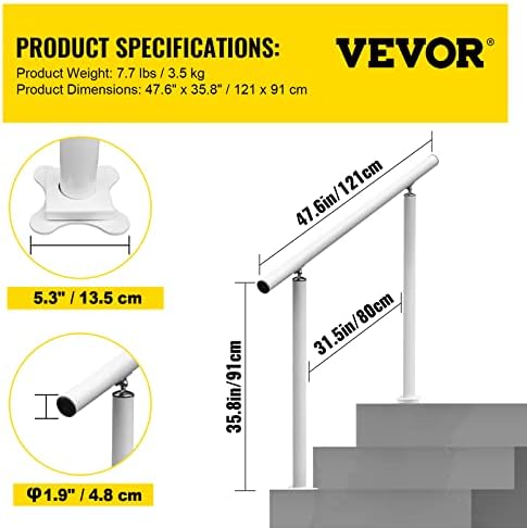VEVOR Aluminium Stair Railing, Outside Railing, House Entrance Railing, Adjustable Angle Stair Handrail, Indoor & Outdoor Stairs for The Elderly (4 Ft, White)