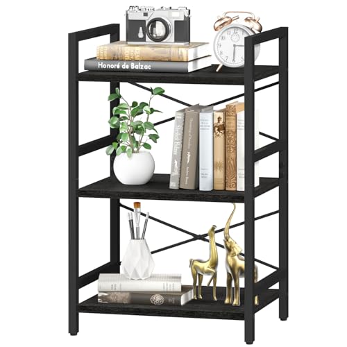 Yoobure Bookshelf Small Book Shelf Solid Industrial 3 Tier Shelf Bookcase Short Book Case for Bedroom Living Room Office Home Small Spaces Easy Assembly Black