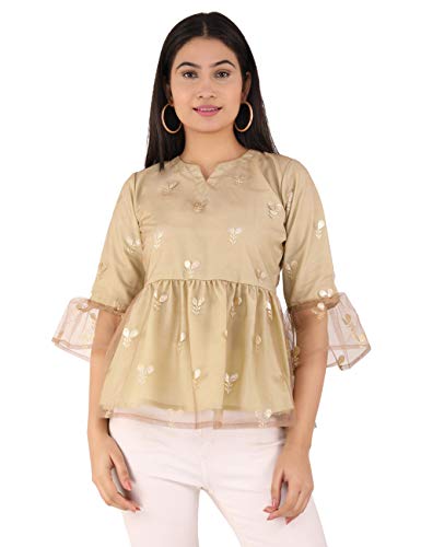 Image of UNFAKENOW Women Trendy Indo Western Casual wear Stylish Going Out Peplum Cotton top Ladies Floral Print Ruffled Plus Size Party net Tunic Long Bell Sleeve Pleated Fancy Nice top