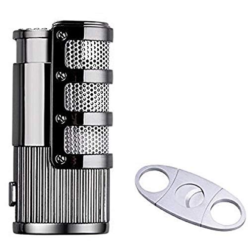 Cigar Cutter and Lighter Set, Cigar Punch Lighter Triple Jet Flame Butane Cigarette Torch Lighter (Silver)