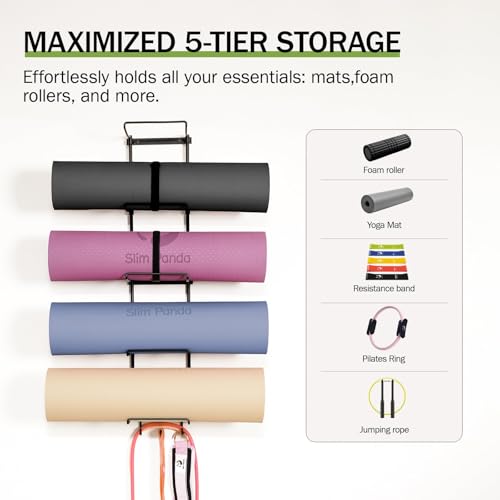 Slim Panda Yoga Mat Holder Wall Mount With Mesh Bag,Yoga Accessories Storage Rack,Home Gym Organizer with 5-Tier & 3 Hooks for Hanging Yoga Mats, Foam Roller, Resistance Bands & Yoga Accessories - Thumbnail 4