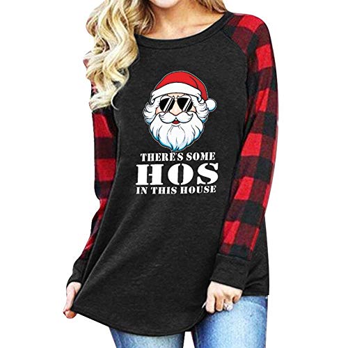 Greenting Theres Some Hos in This House Shirt, Womens Humor Santa Raglan Plaid Shirt