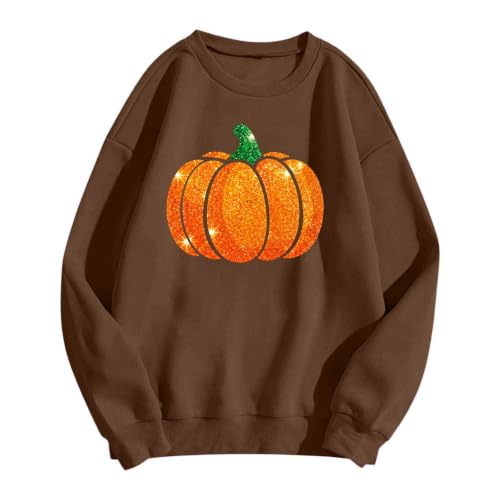TRCELECTROP Womens Halloween Sweatshirt Funny Glitter Pumpkin Sweatshirt 2026 Fall Casual Oversized Crewneck Pullover Tops Brown - image 3