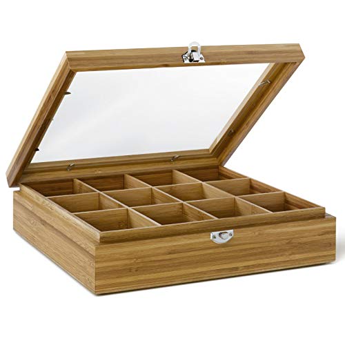 Bredemeijer-grosse-helle-Holz-Teebeutel-Kiste-mit-12-Faecher-und-Sichtfenster-28-cm-lang